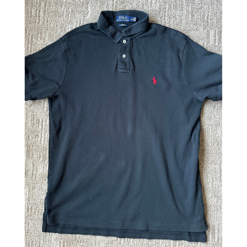 Polo Ralph Lauren Men's Large Black Custom Fit Polo Shirt Red Pony Logo Cotton